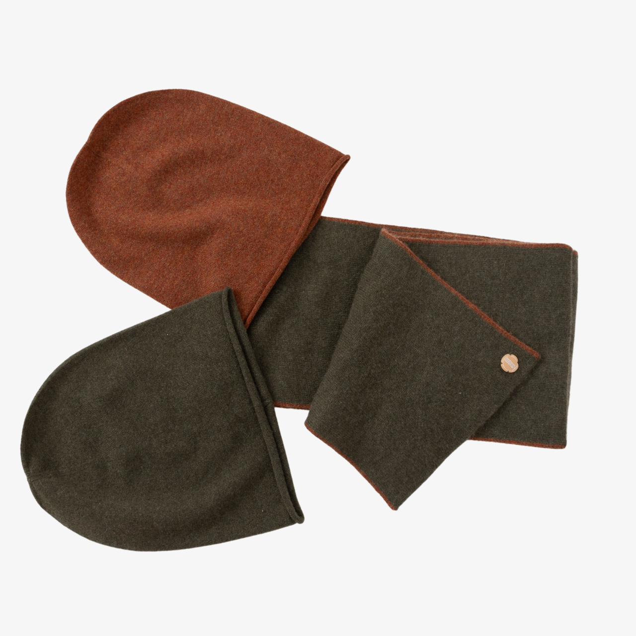 2 Beanies 1 Scarf Fall Brown and Army Green Set.