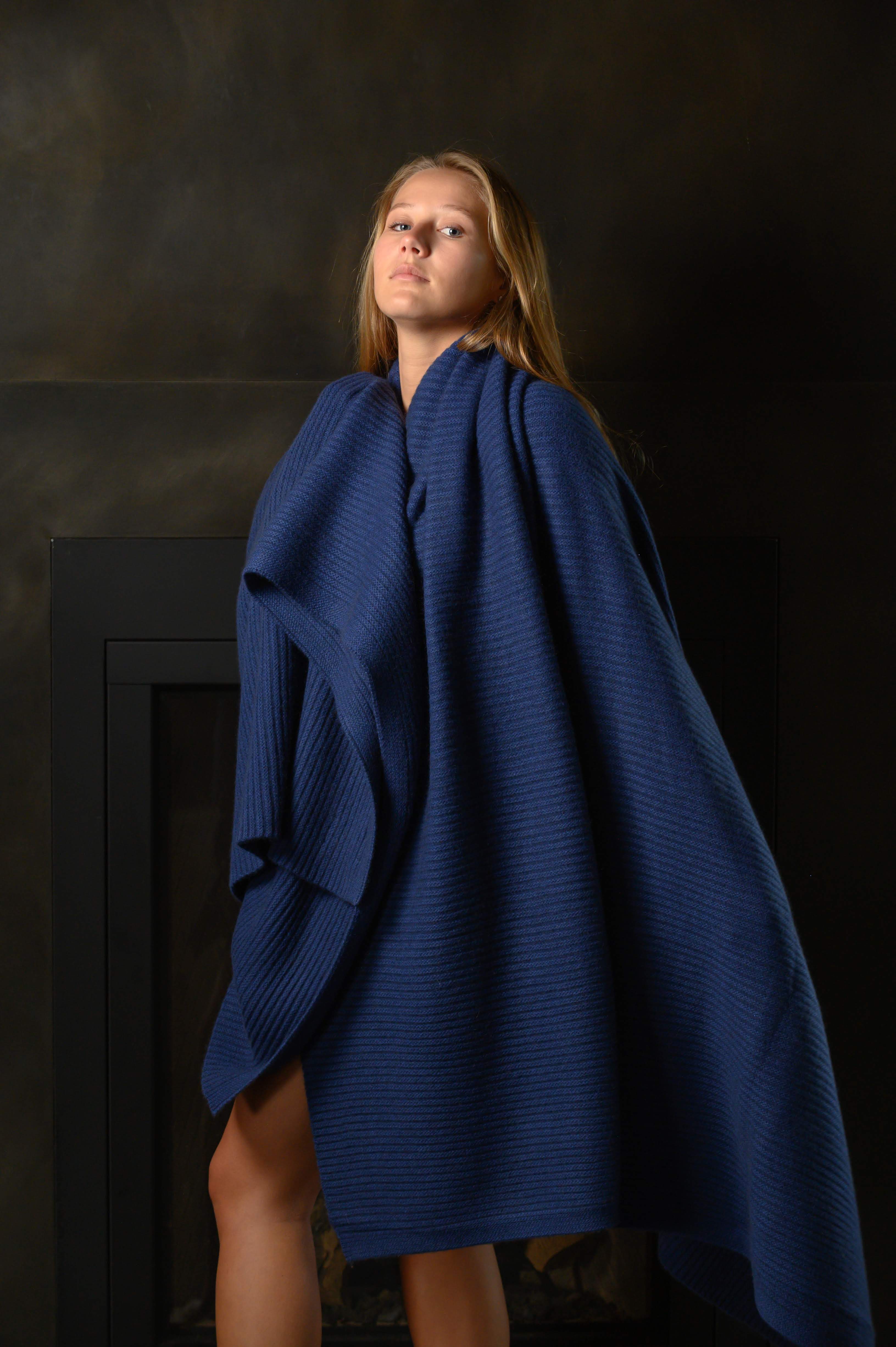 Cobalt Blue Ribbed Knit Cashmere Throw