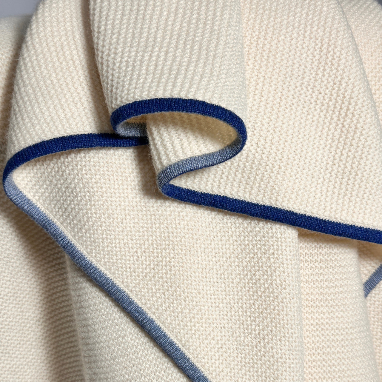 Fine Purl Knit Cashmere Throw in Cream with Classic Blue & Oceania