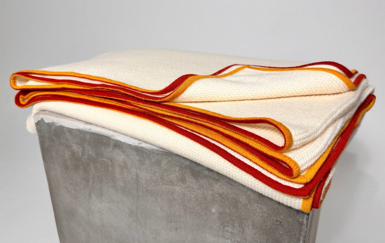 Fine Purl Knit Cashmere Throw in Cream with Fire Brick & Gold