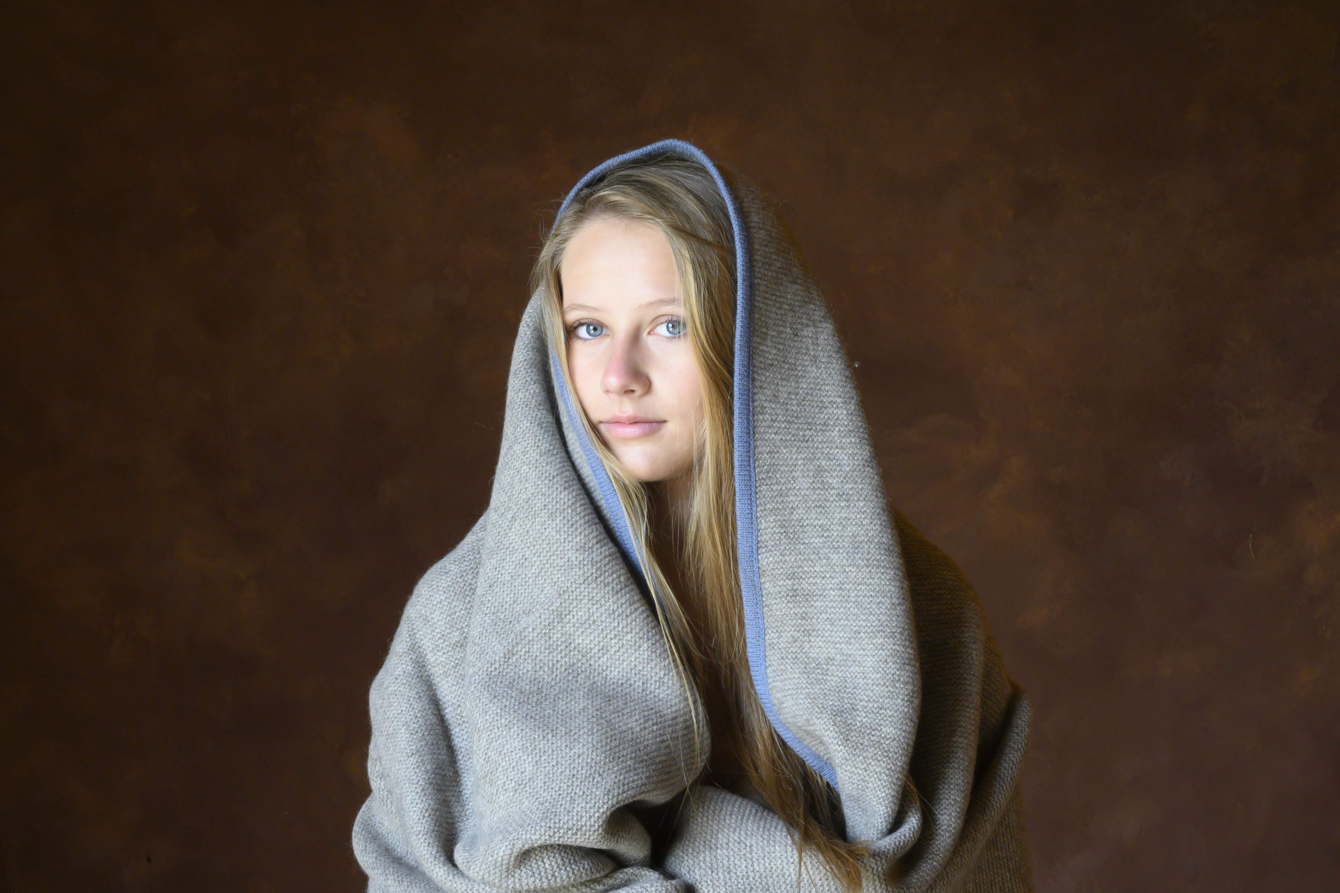 Platinum & Slate Blue Purl Knit Yak Down Throw