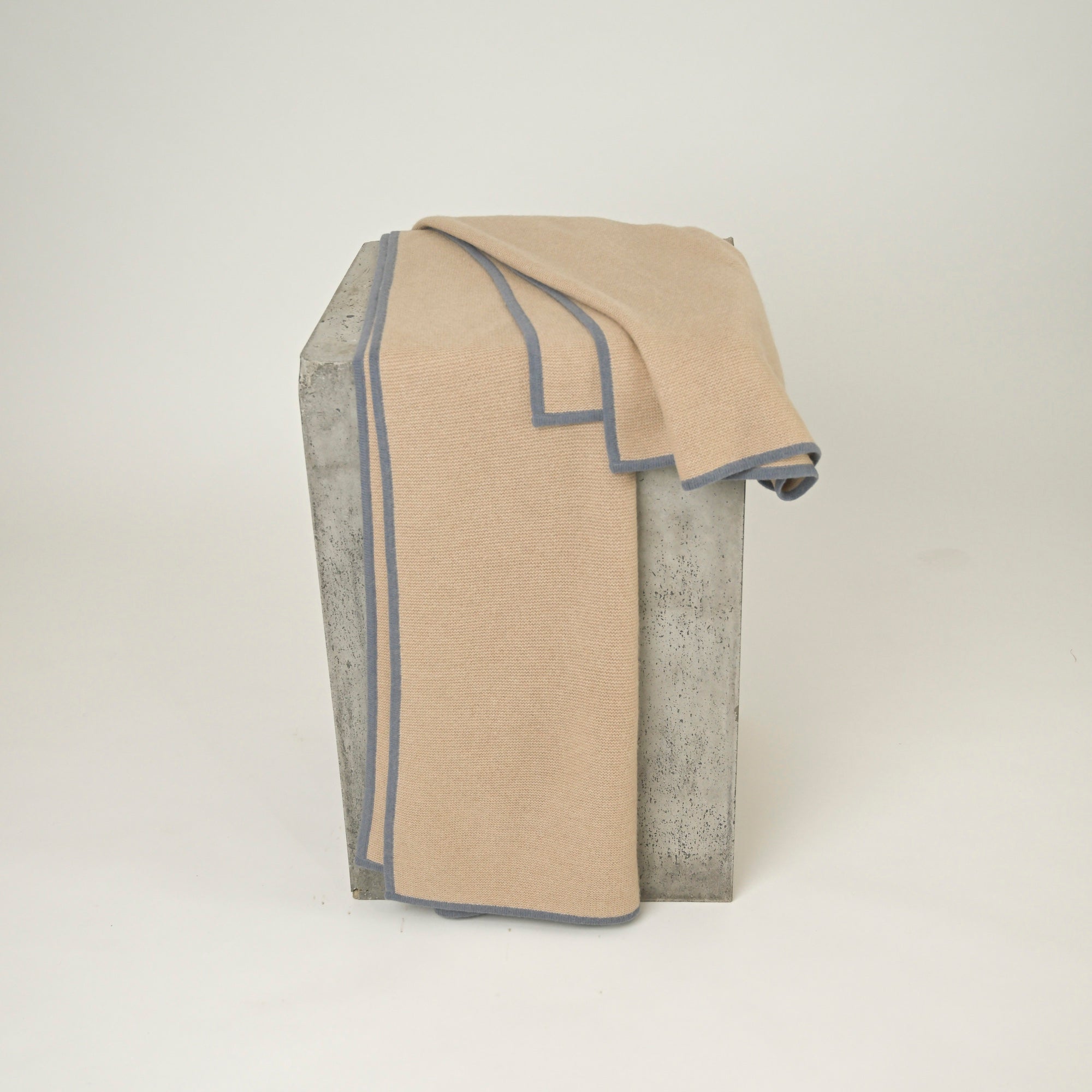 All-camel Purl Knit in Dune with a Slate Blue Border