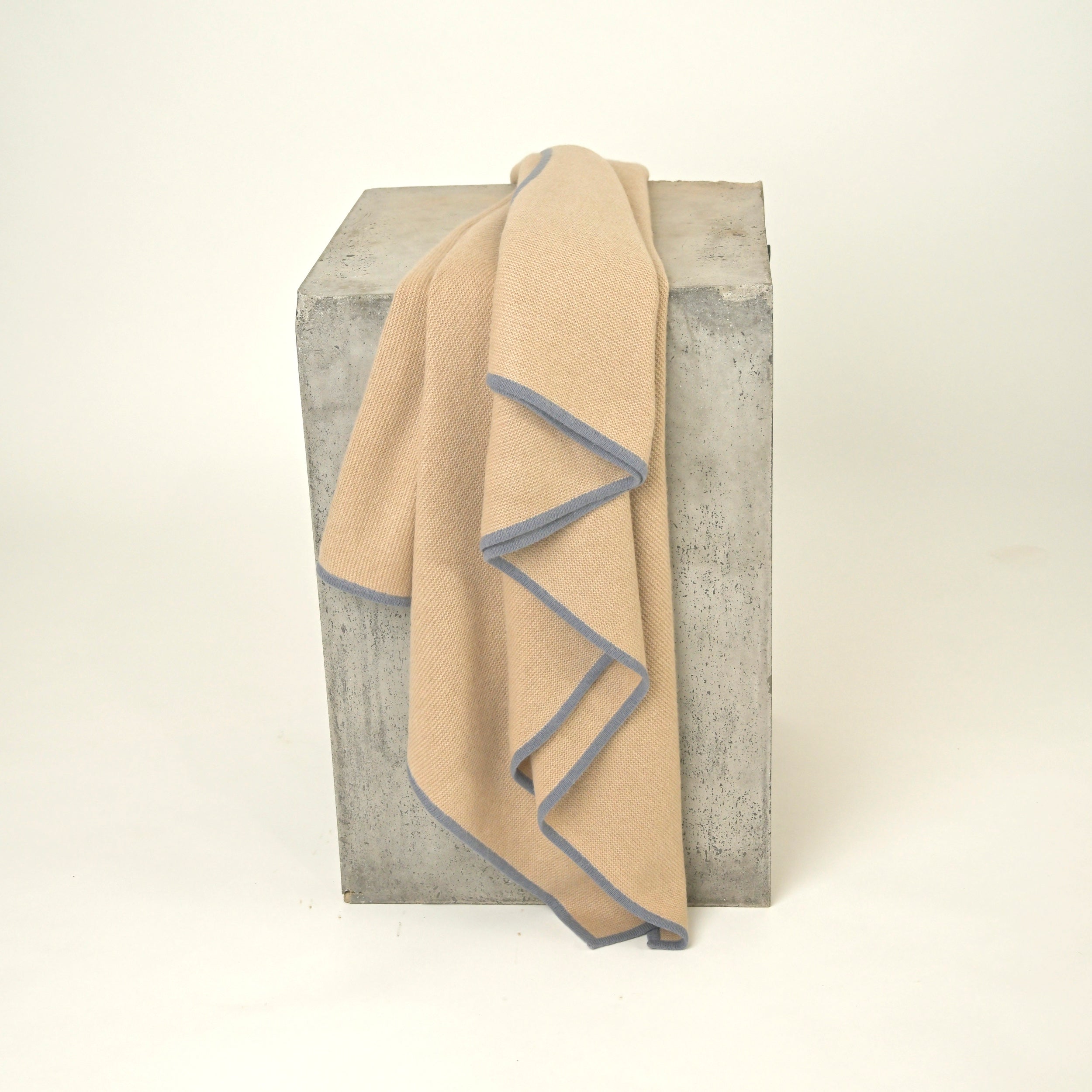 All-camel Purl Knit in Dune with a Slate Blue Border