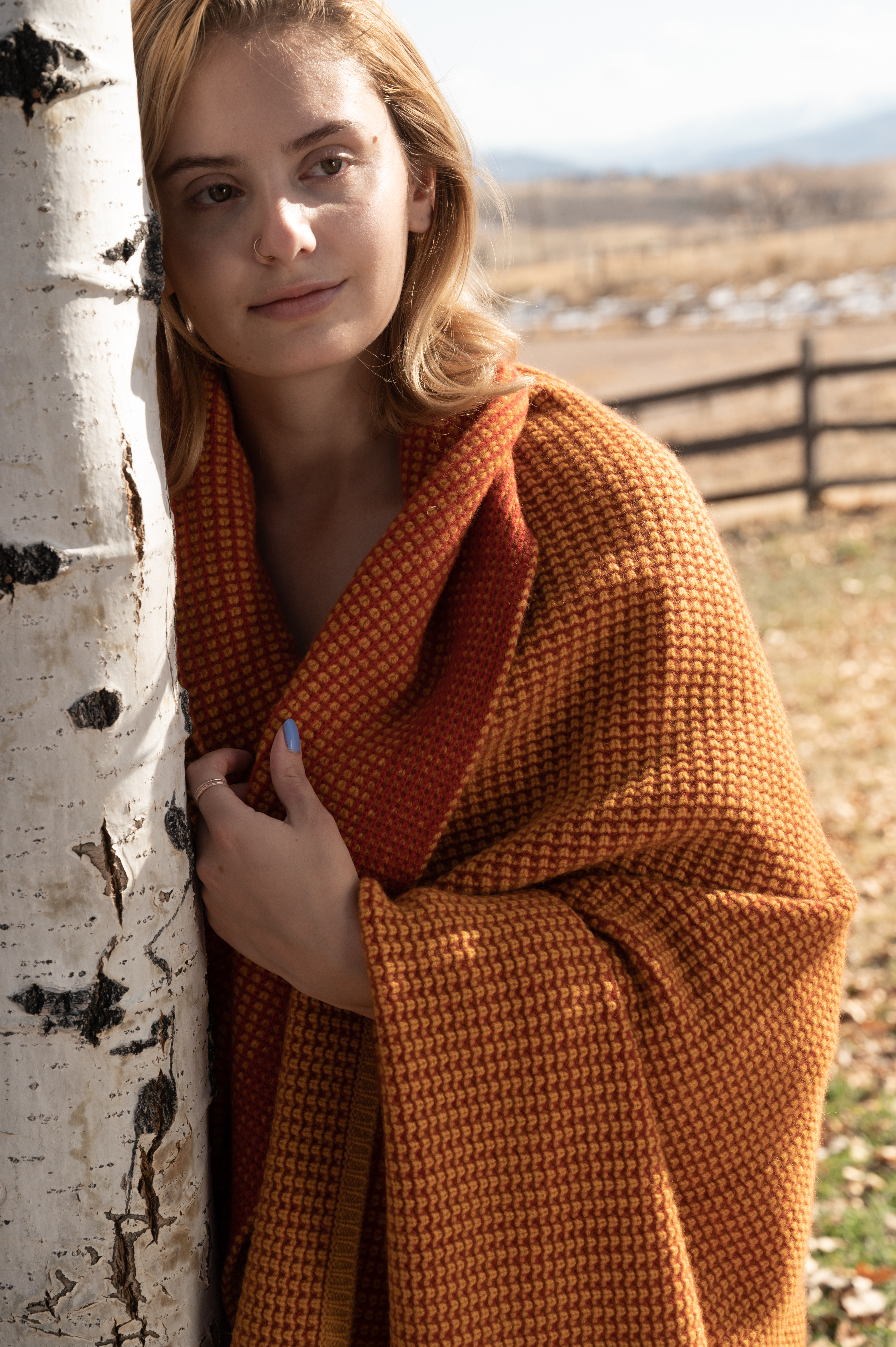 Golden yellow and rust waffle knit throw